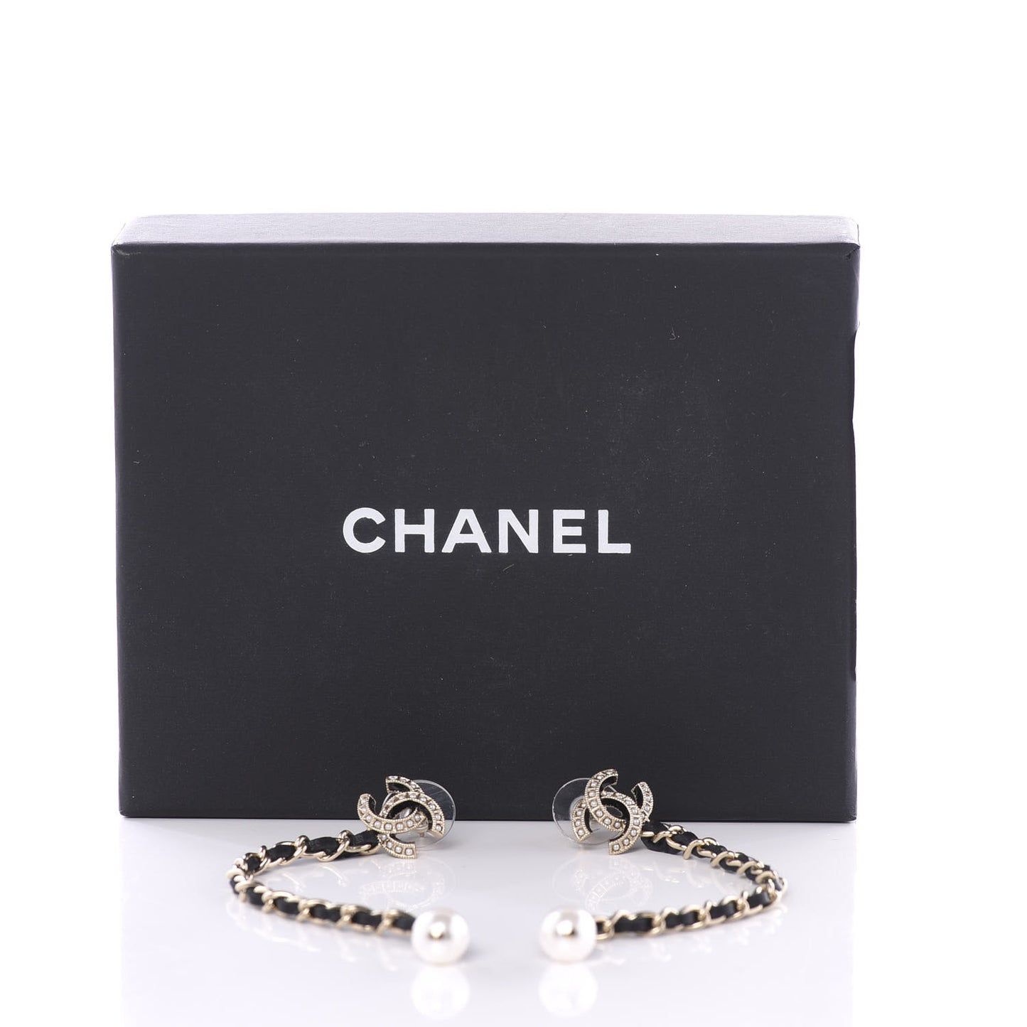 Lambskin Chain Crystal Pearl CC Drop Earrings Gold
