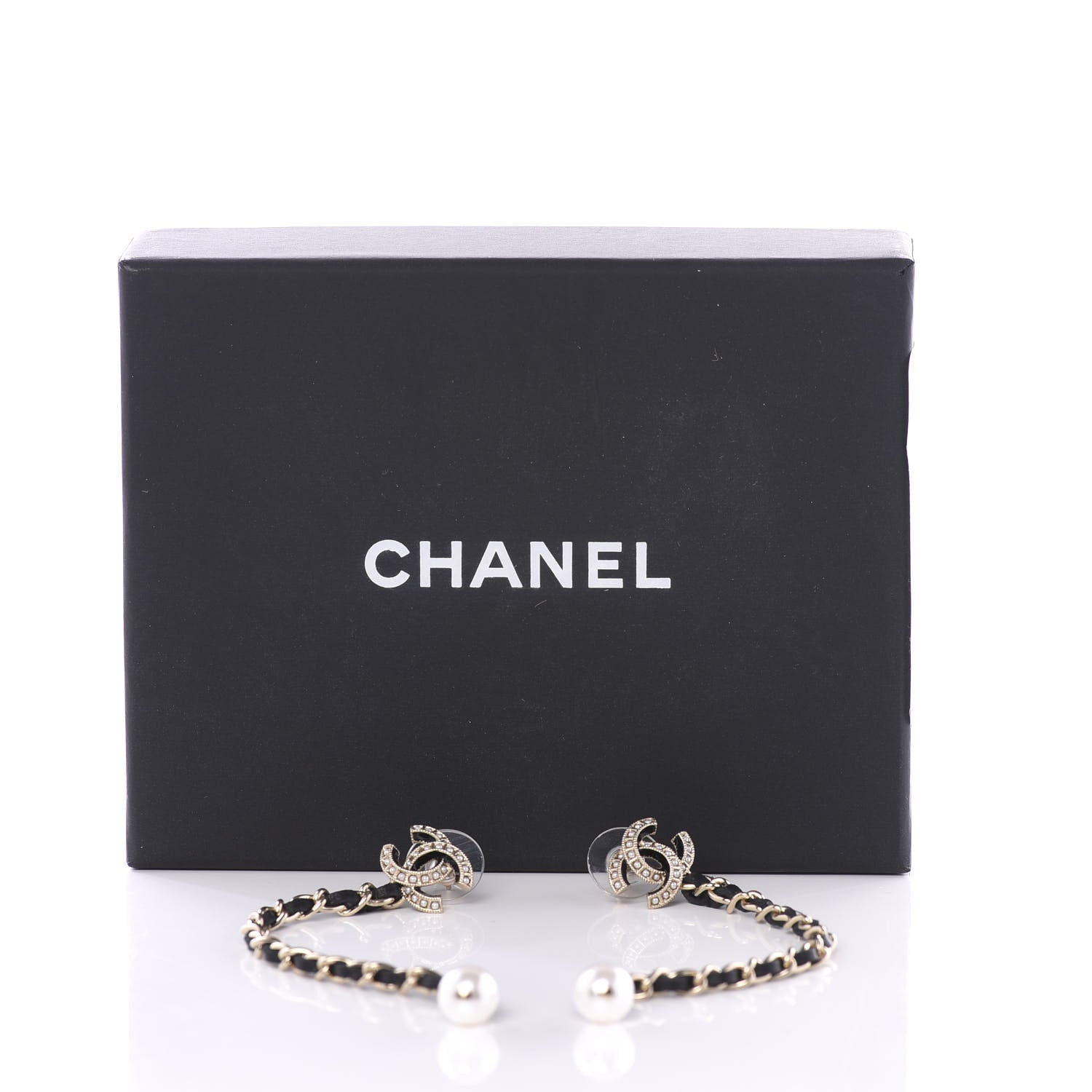 Chanel Lambskin Chain Crystal Pearl CC Drop Earrings Gold 5 of 5
