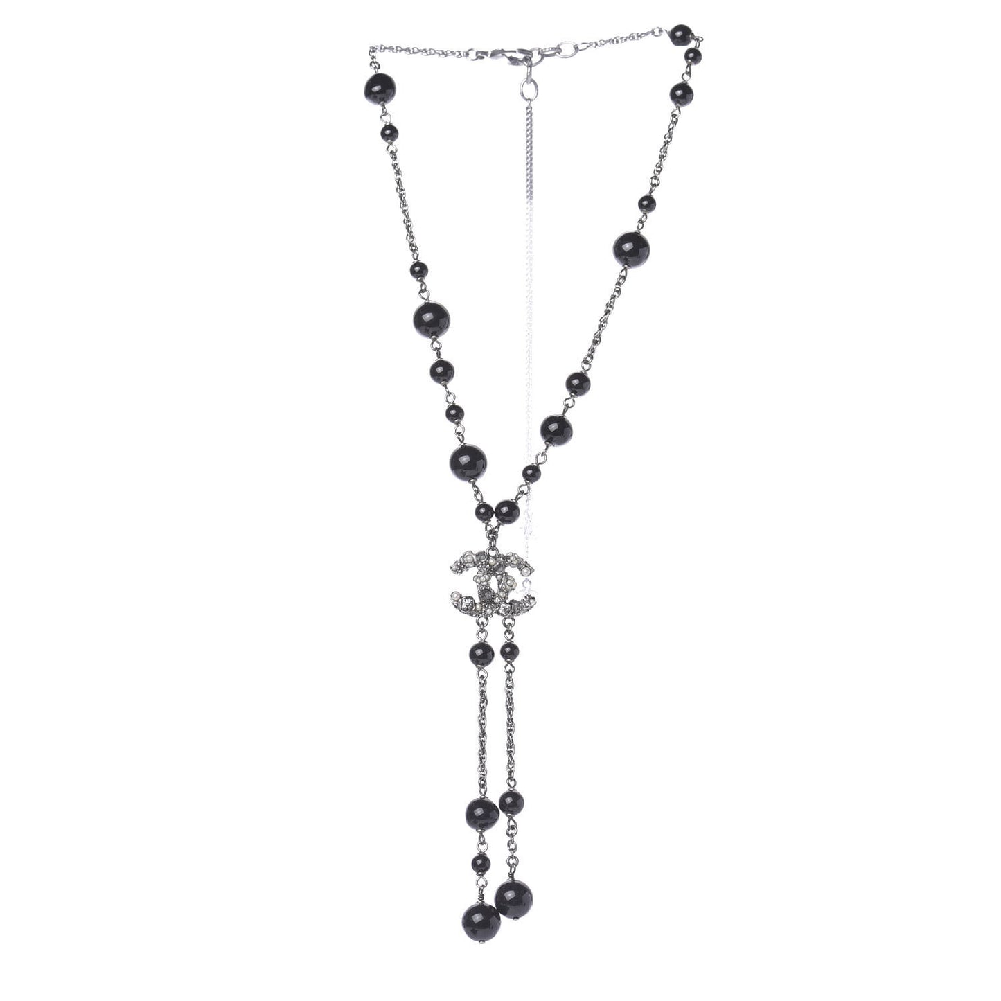 Crystal Pearl Beaded Enamel Camellia CC Pendant Necklace Silver Black