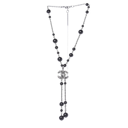 Chanel Crystal Pearl Beaded Enamel Camellia CC Pendant Necklace Silver Black 3 of 9