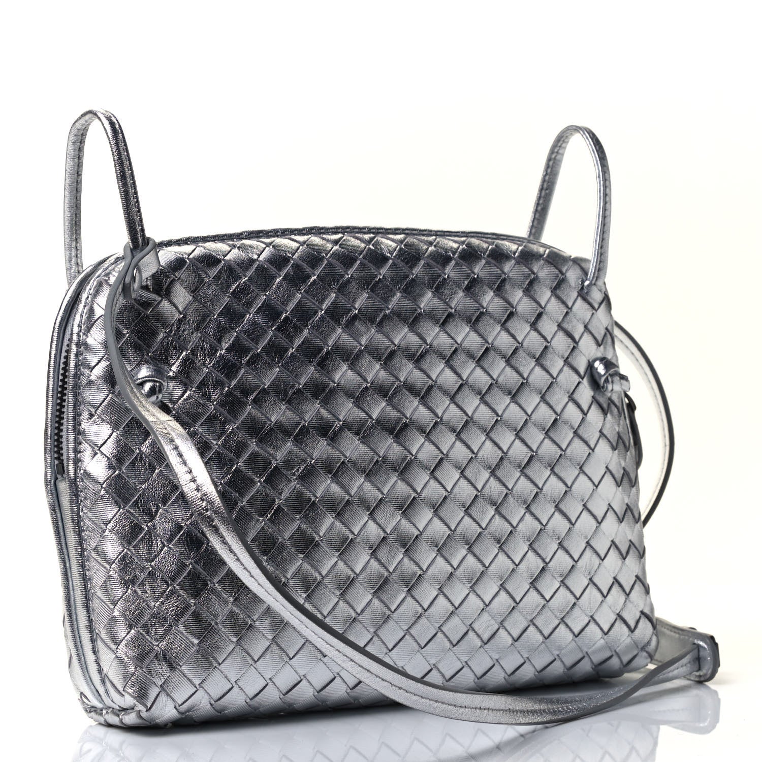 Bottega Veneta Metallic Grosgrain Intrecciato Pillow Crossbody Messenger Silver 2 of 4