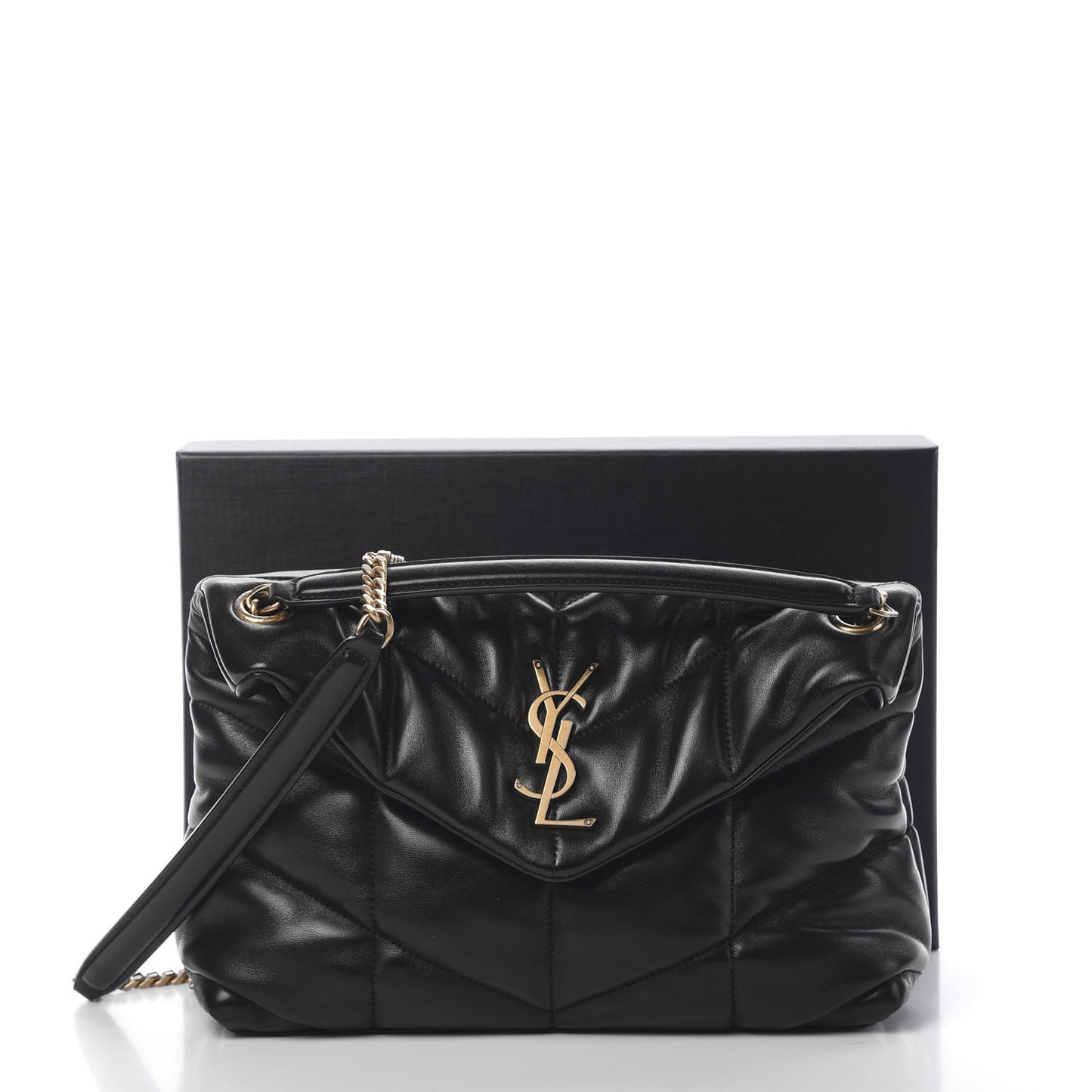 Lambskin Quilted Small Loulou Puffer Monogram Chain Satchel Black