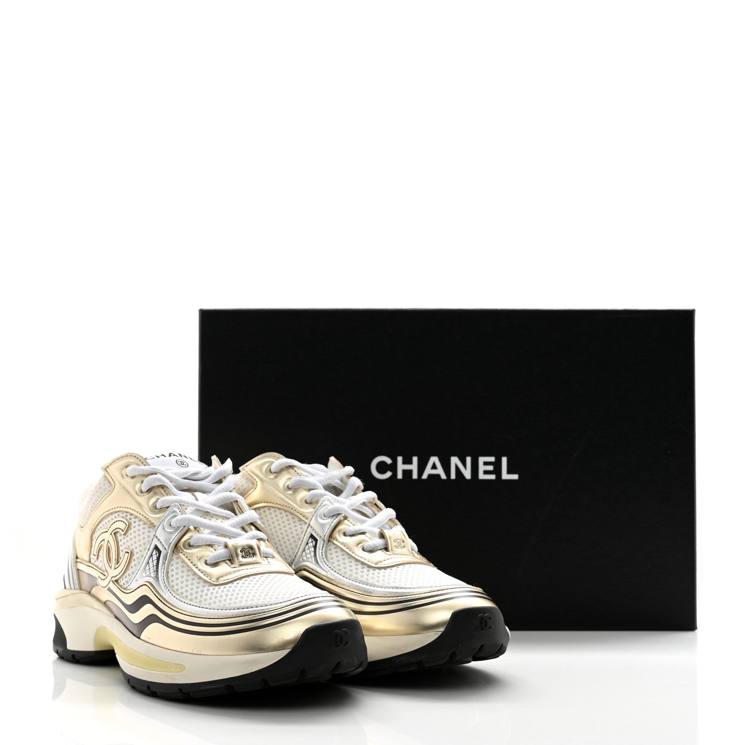Chanel Fabric Laminated Calfskin Stretch CC Sneakers 36.5 White Gold Silver 14 of 14