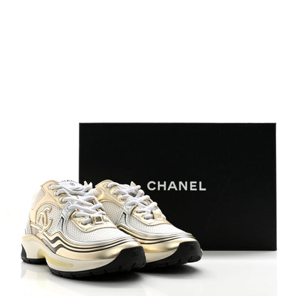 Chanel Fabric Laminated Calfskin Stretch CC Sneakers 36.5 White Gold Silver 14 of 14