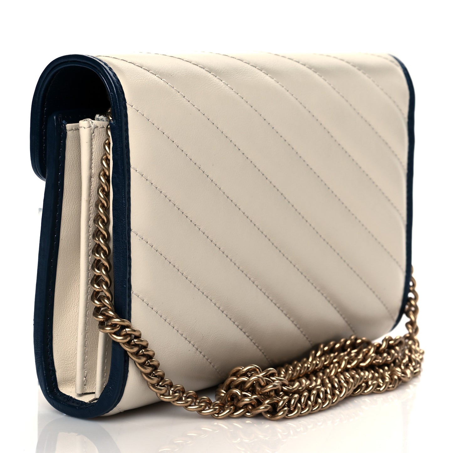 Vintage Effect Calfskin Matelasse Diagonal Torchon GG Marmont Chain Wallet Mystic White Blue Agata