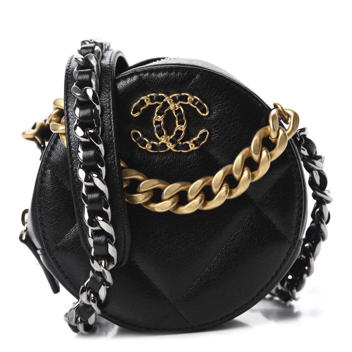 Shiny Goatskin Quilted 19 Round Clutch With Chain Black