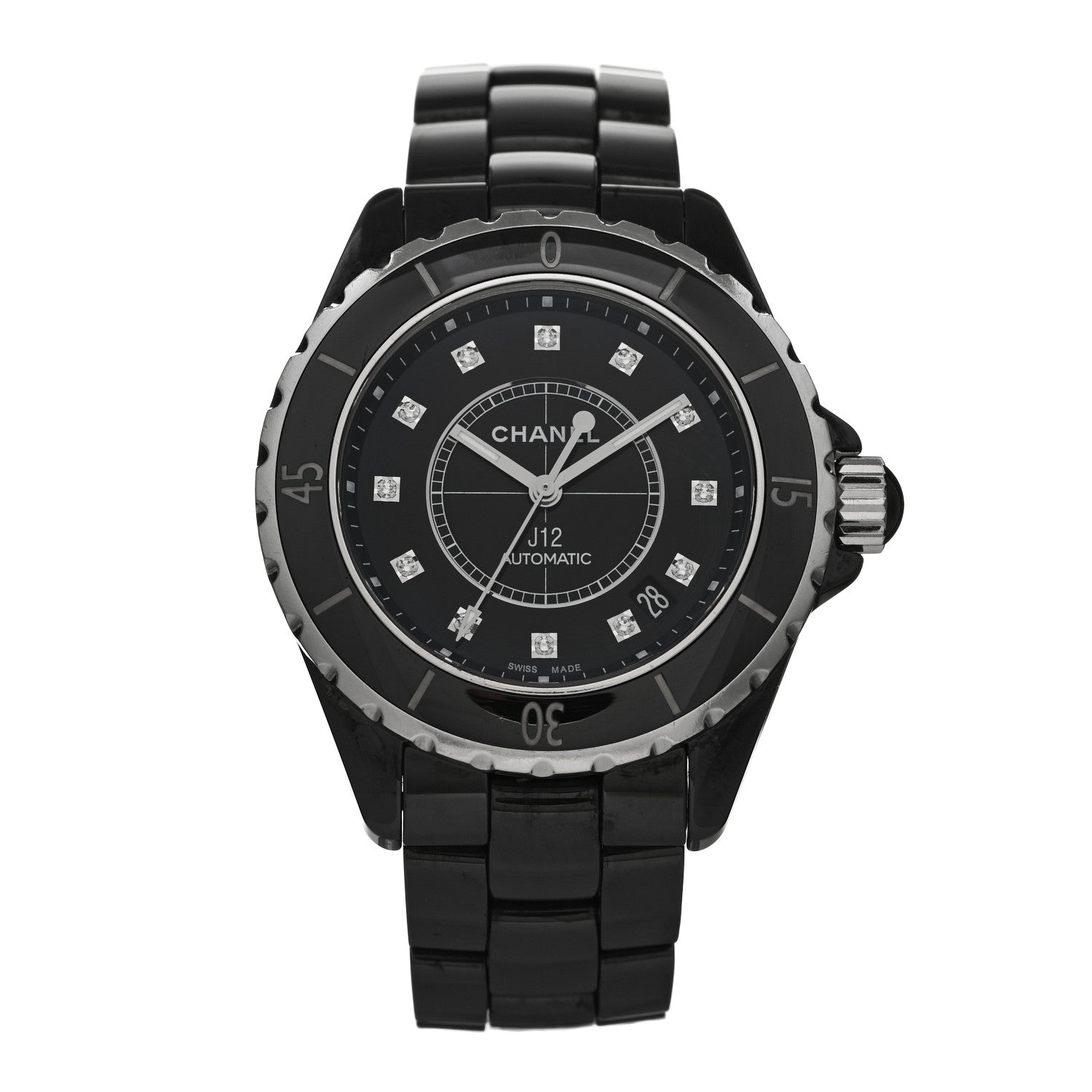Chanel Stainless Steel Ceramic Diamond 38mm J12 Automatic Watch Black 1 of 5