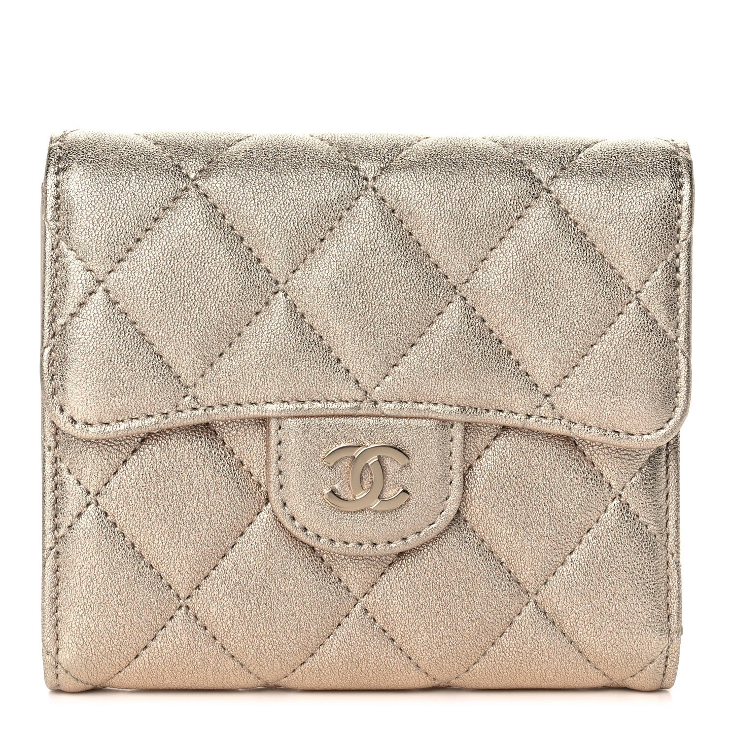 Metallic Lambskin Quilted Compact Flap Wallet Gold