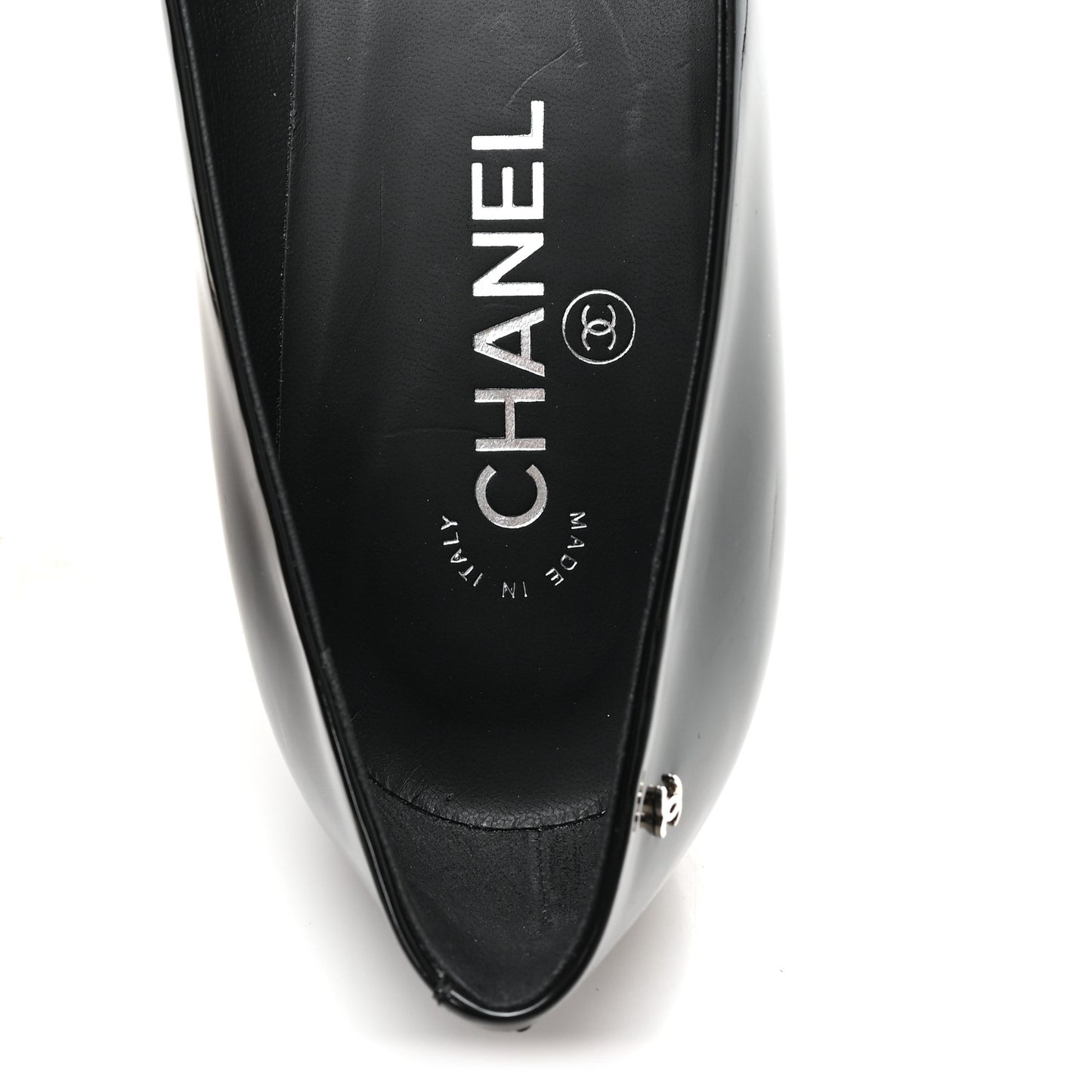 Patent Calfskin Cap Toe CC Pearl Pumps 41 Black