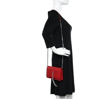 Saint Laurent Calfskin Crocodile Embossed Kate Monogram Tassel Chain Wallet Red 2 of 16
