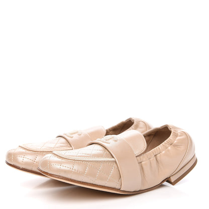 Chanel Laminated Lambskin Womens Quilted Elastic CC Moccasin Loafers 36 Beige 3 of 9