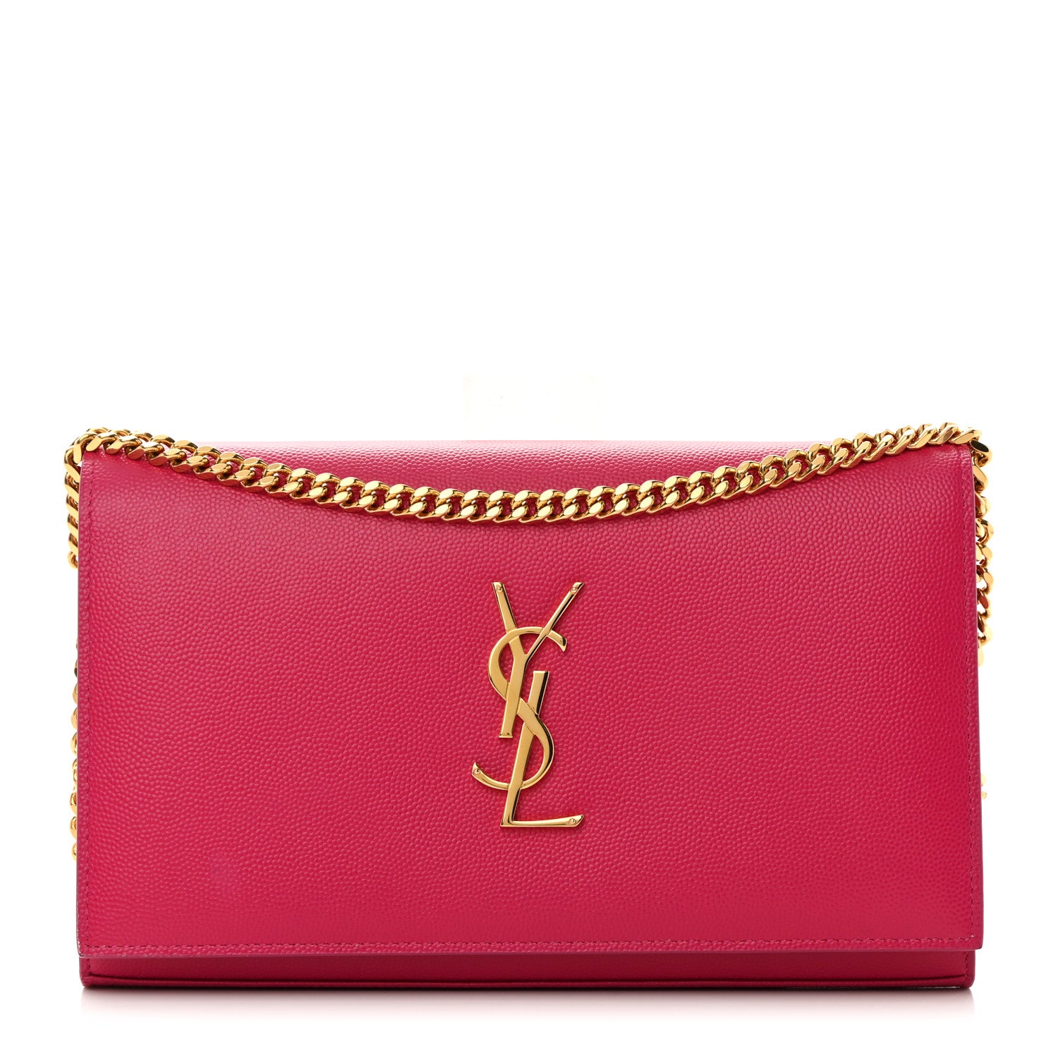 front view image of a SAINT LAURENT Grain De Poudre Medium Monogram Kate Satchel in the color Lipstick Fuchsia