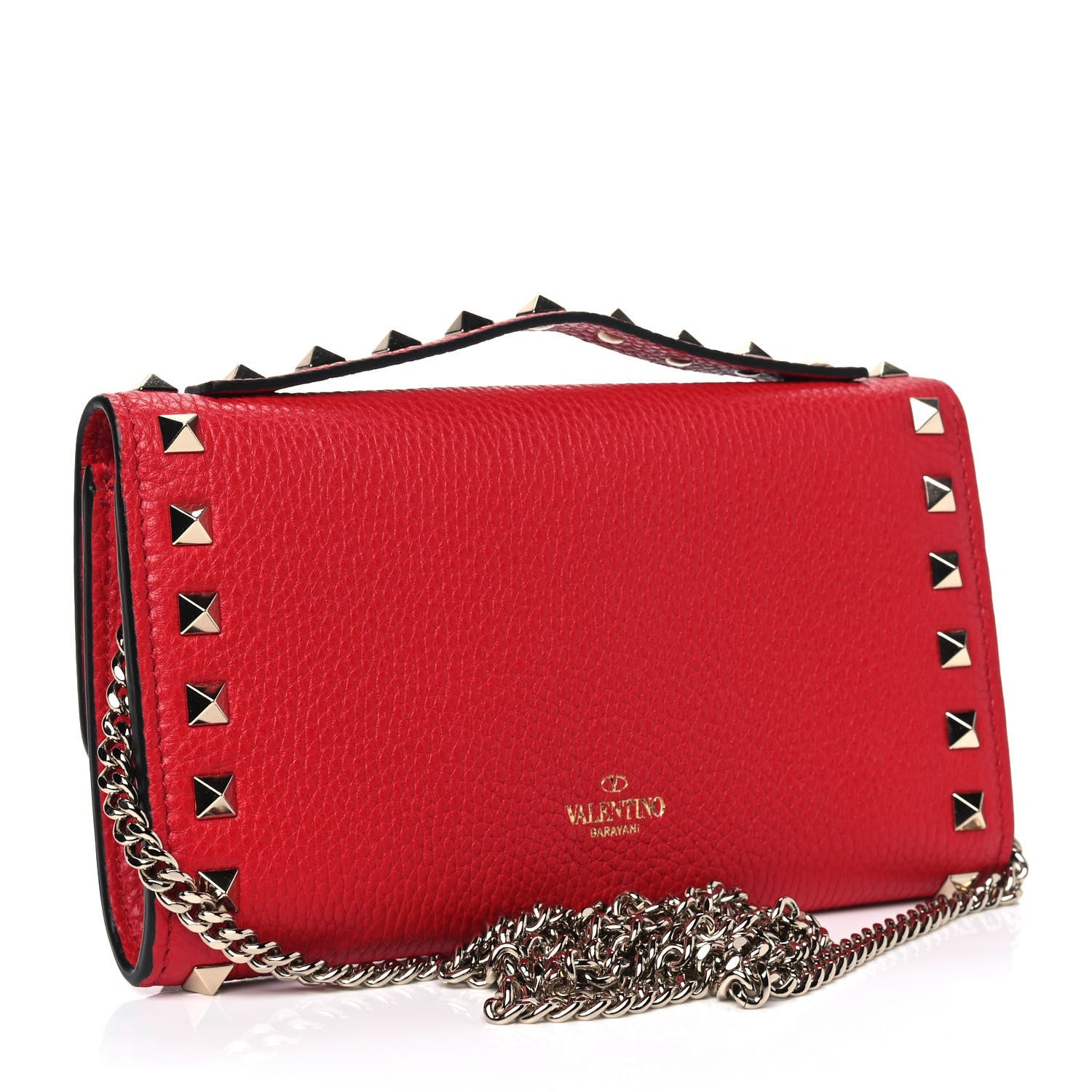 Valentino Garavani Pebbled Calfskin Rockstud Flip Lock Wallet On Chain Rouge Pur 2 of 4