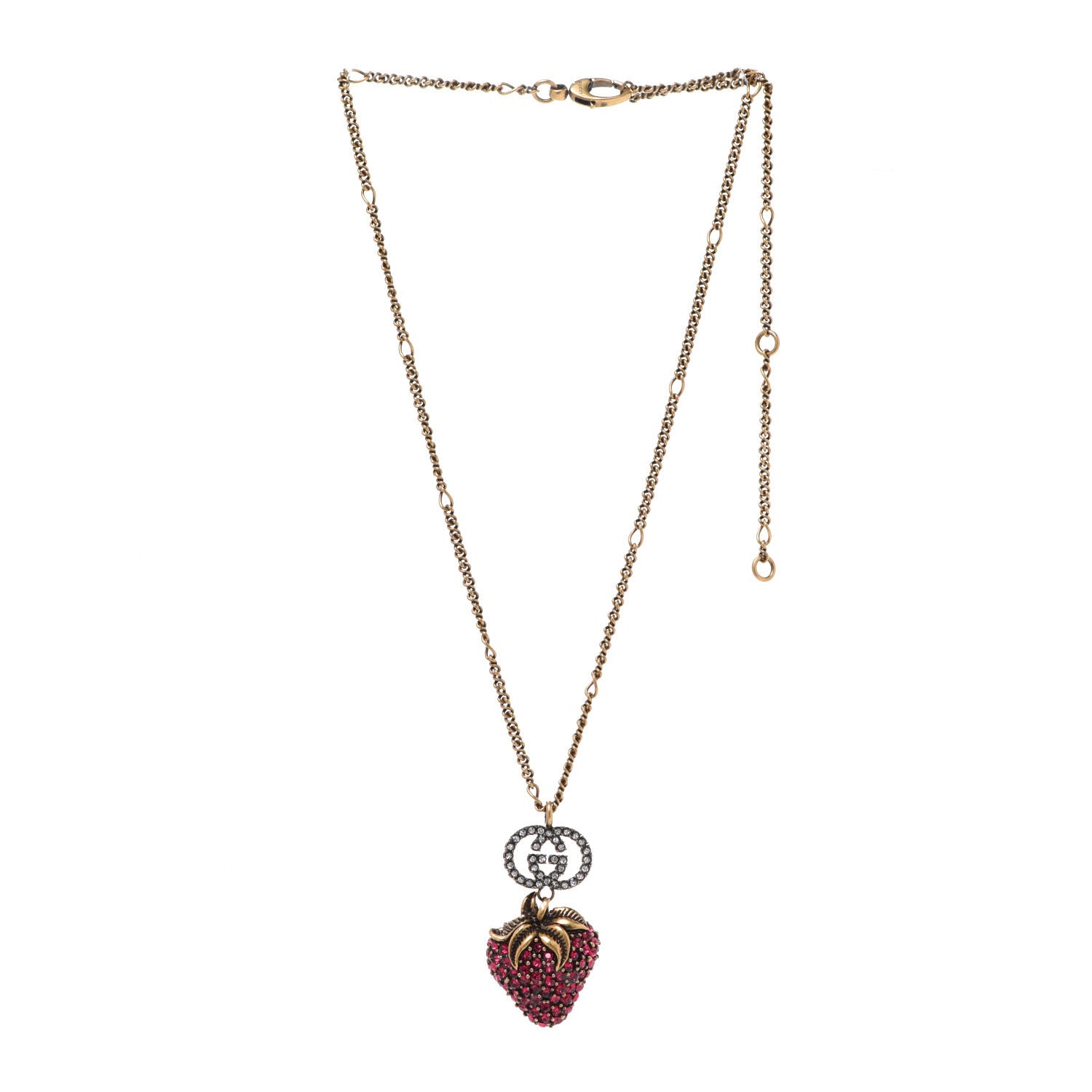 Gucci Crystal Embellished Strawberry Necklace Red Aged Gold 3 of 6