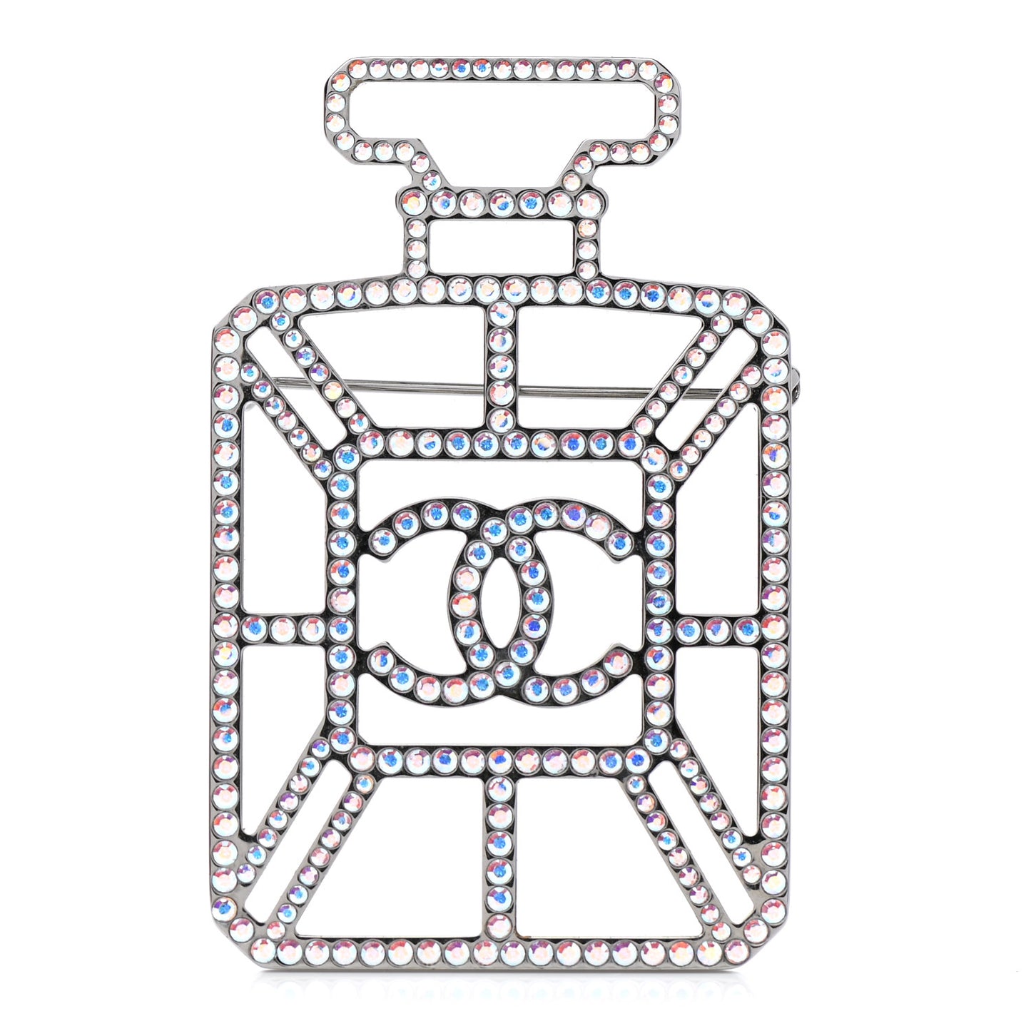 Ruthenium Crystal Perfume Bottle CC Brooch Iridescent Blue