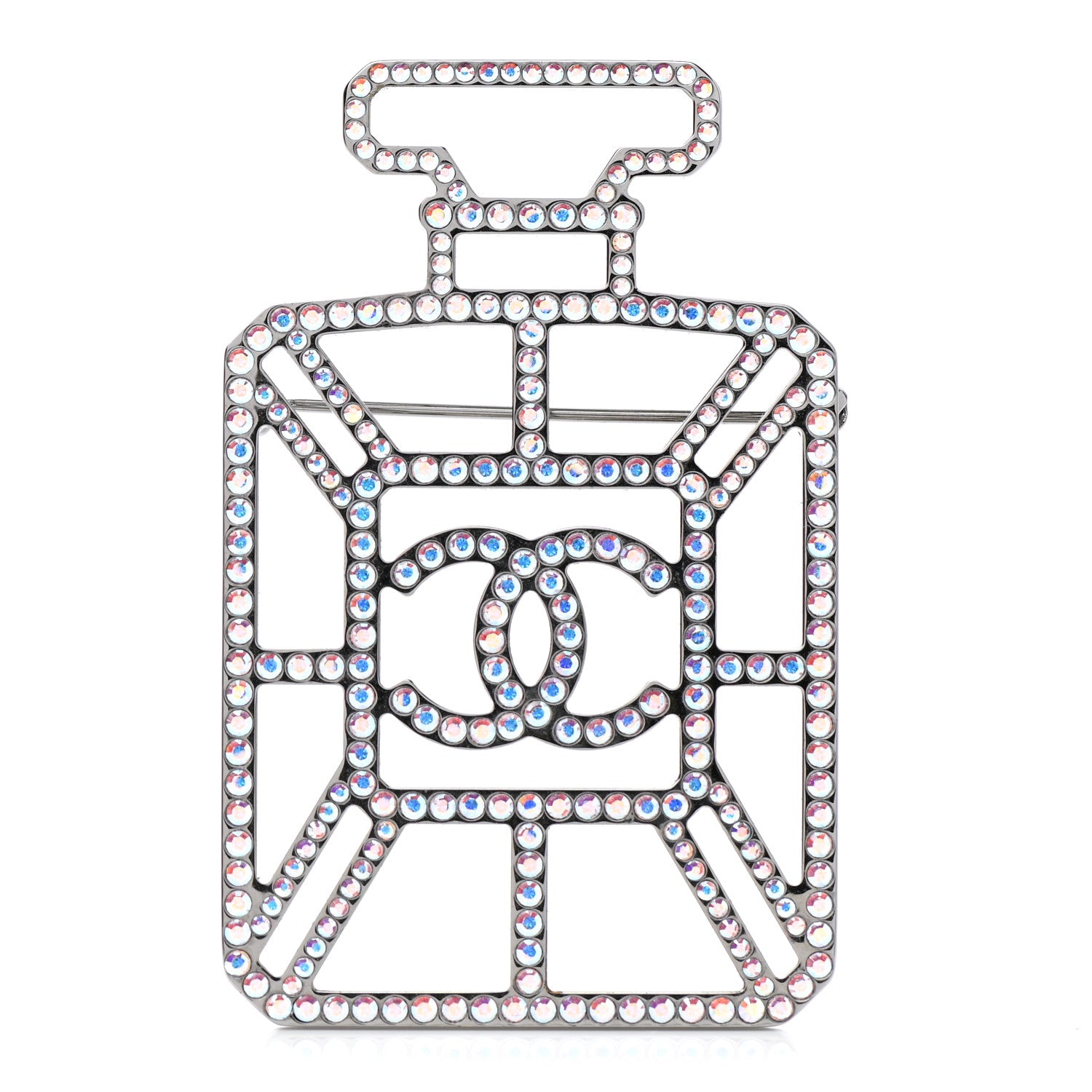 Chanel Ruthenium Crystal Perfume Bottle CC Brooch Iridescent Blue 1 of 5