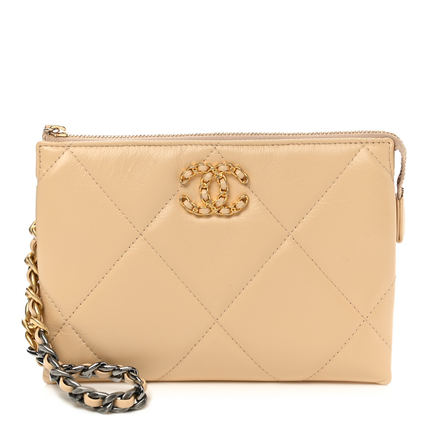 Chanel Shiny Goatskin Quilted Chanel 19 Small Pouch With Handle Beige 1 of 11