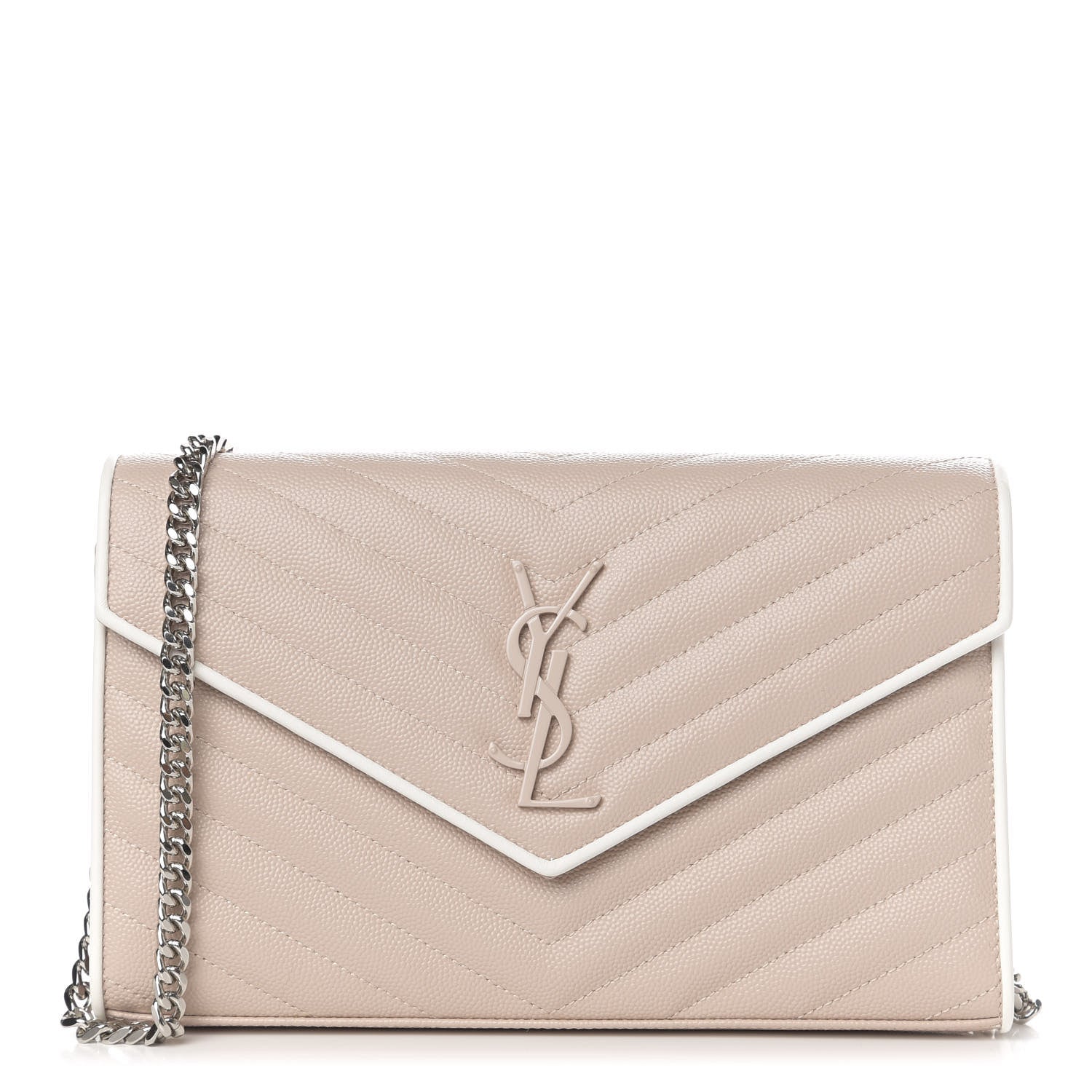Saint Laurent Grain De Poudre Matelasse Chevron Monogram Chain Wallet Pink and White 1 of 10