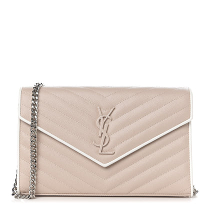 Saint Laurent Grain De Poudre Matelasse Chevron Monogram Chain Wallet Pink and White 1 of 10