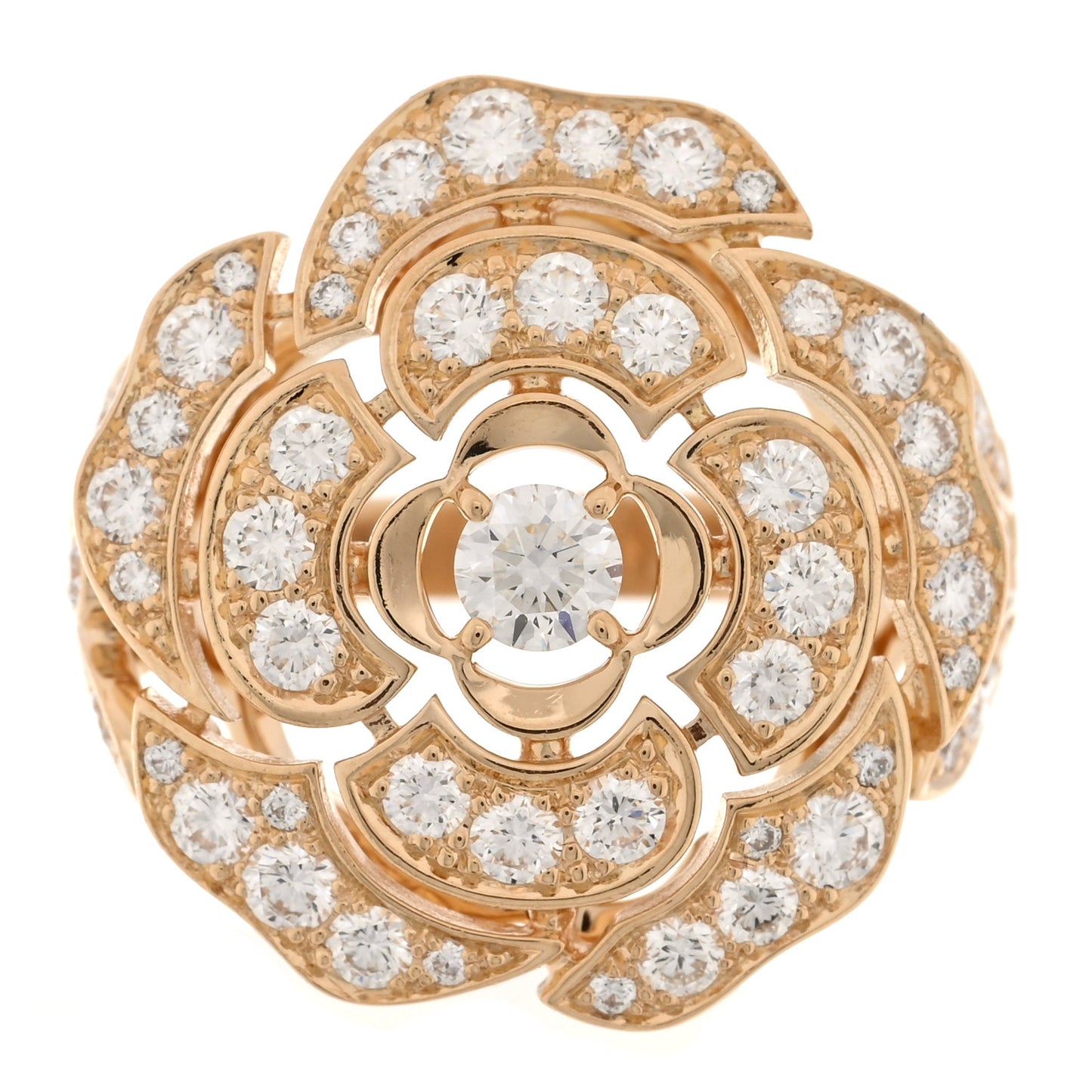 18K Yellow Gold Diamond Bouton de Camelia Ring 49 5