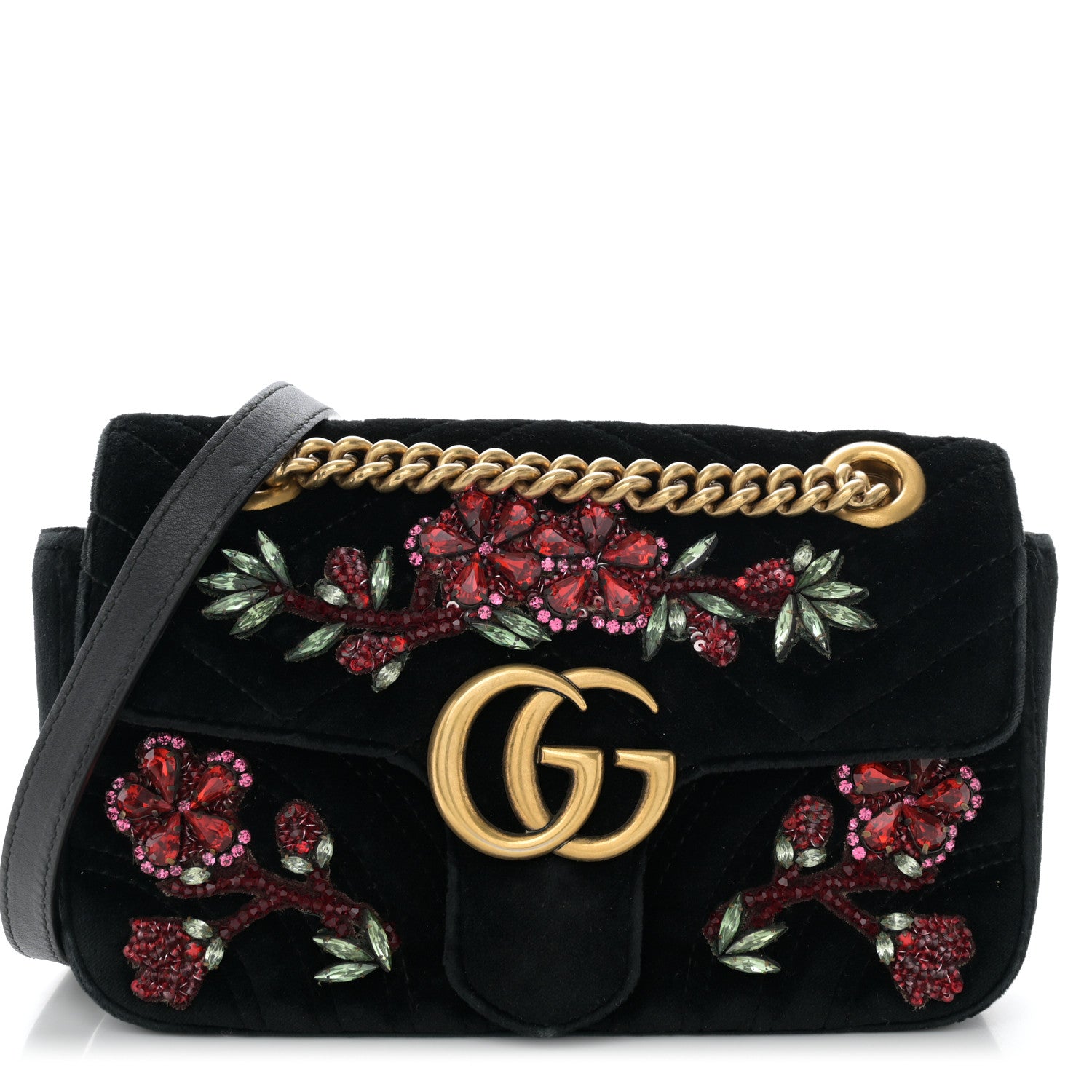 Gucci Velvet Matelasse Embroidered Mini GG Marmont Shoulder Bag Black 1 of 11