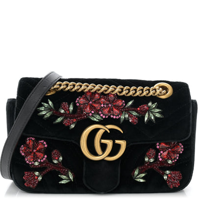 Gucci Velvet Matelasse Embroidered Mini GG Marmont Shoulder Bag Black 1 of 11