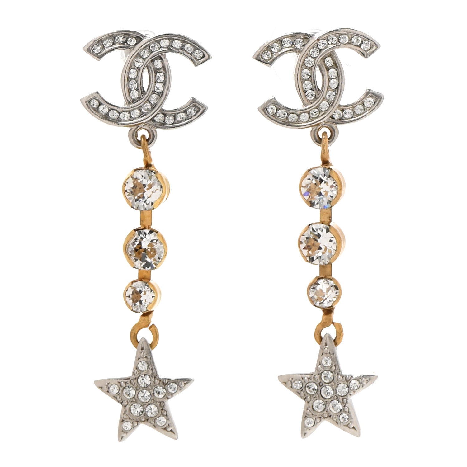 Chanel Crystal Star Drop CC Earrings Silver Gold 1 of 5