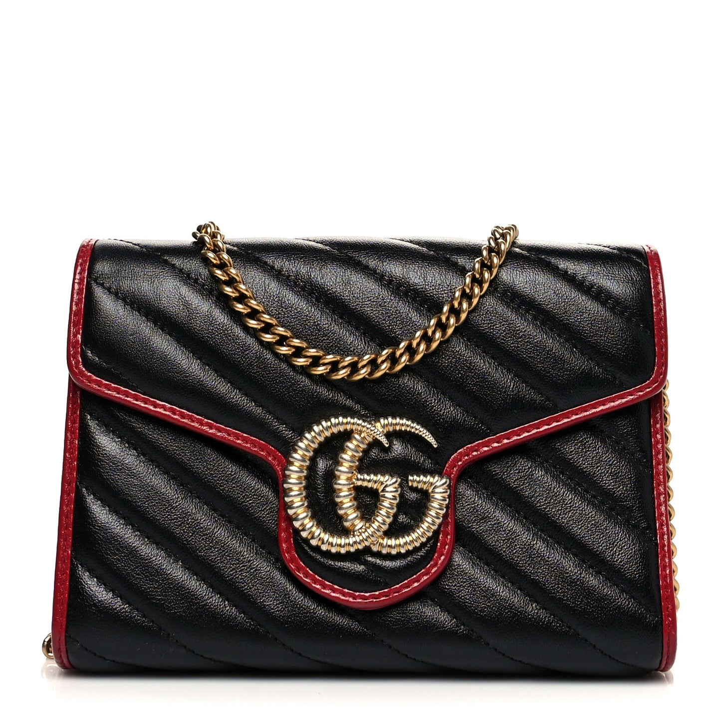 Vintage Effect Calfskin Matelasse Diagonal Torchon GG Marmont Chain Wallet Black Romantic Cherry