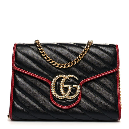 Gucci Vintage Effect Calfskin Matelasse Diagonal Torchon GG Marmont Chain Wallet Black Romantic Cherry 1 of 9