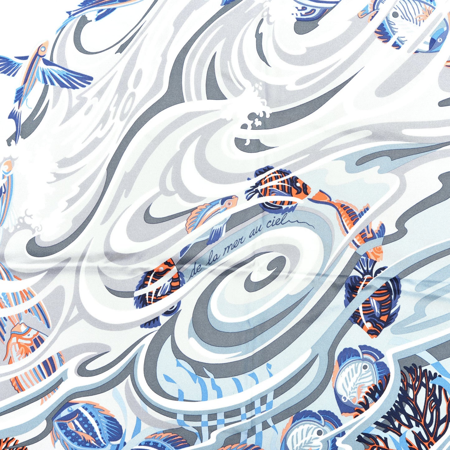 Silk De la Mer Au Ciel Scarf 90 Blue Jean Ceil Corail