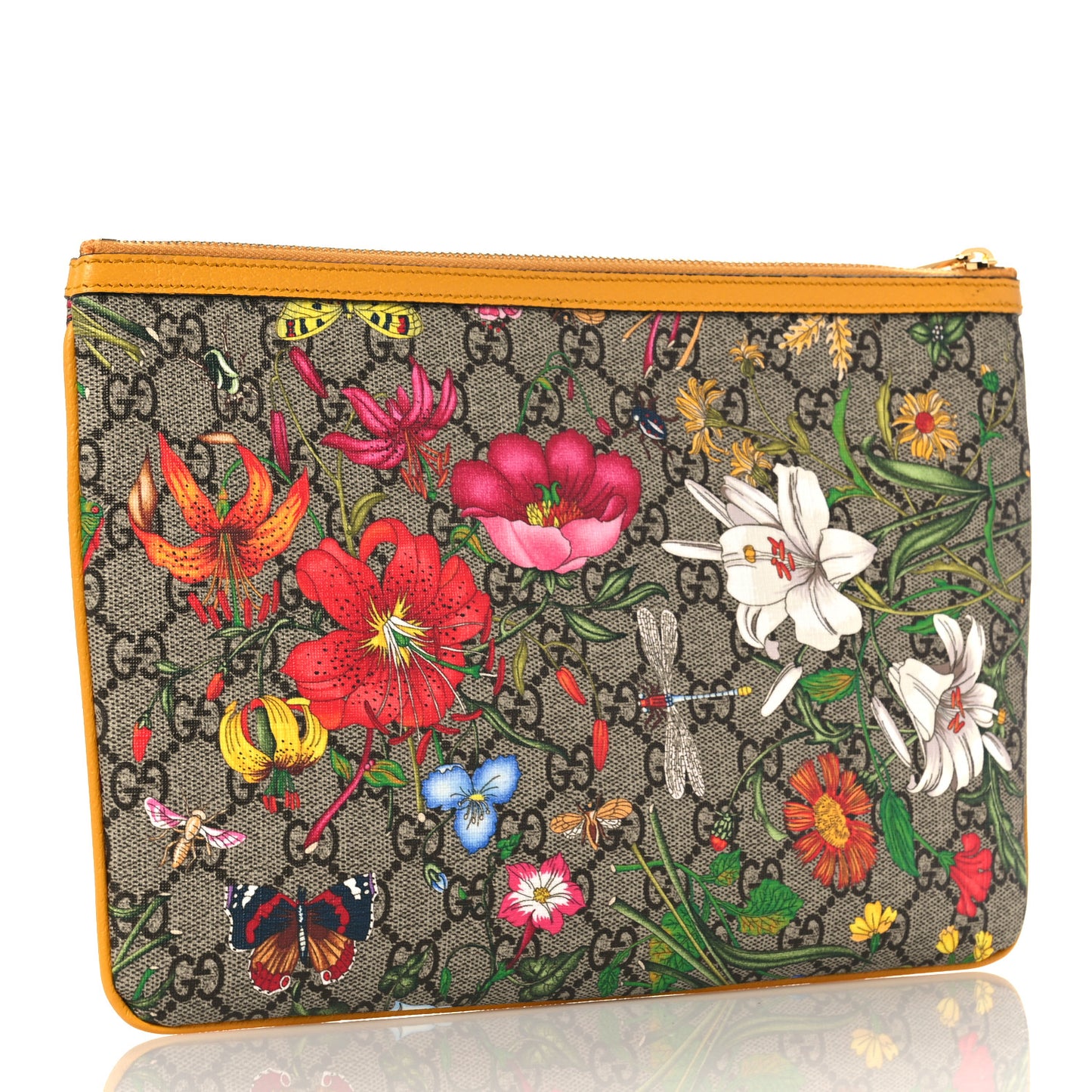 GG Supreme Monogram Flora Large Ophidia Pouch Clutch Beige Multicolor Crop