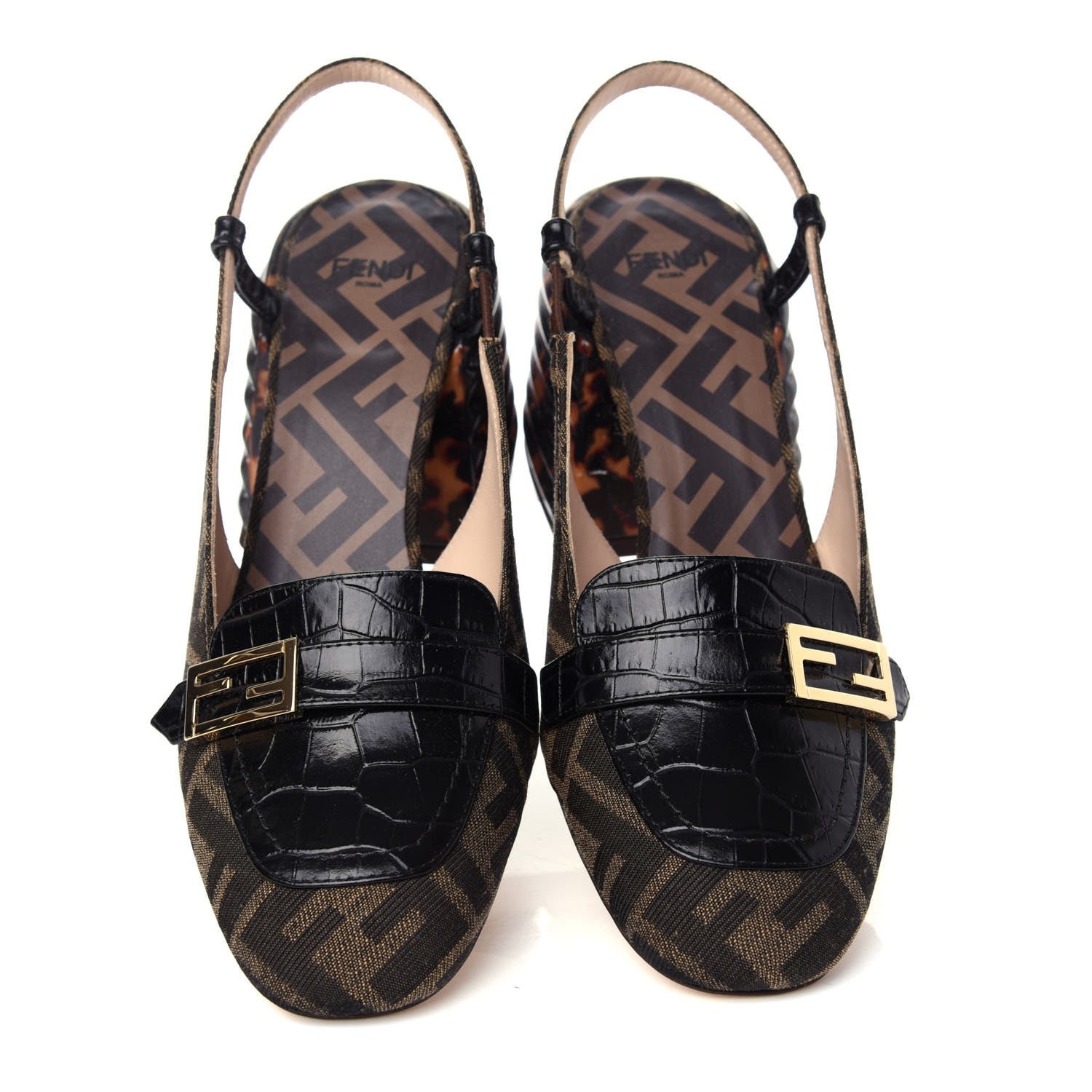 Fendi Jacquard Calfskin FF Tortoise Promenade Slingback Loafer Pumps 37 Tobacco 5 of 10