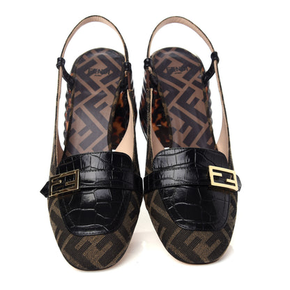 Fendi Jacquard Calfskin FF Tortoise Promenade Slingback Loafer Pumps 37 Tobacco 5 of 10