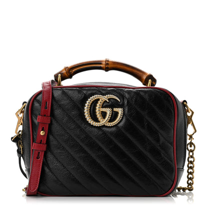 Gucci Vintage Effect Calfskin Matelasse Diagonal Small Torchon GG Marmont Bamboo Top Handle Shoulder Bag Black Romantic Cherry 1 of 10
