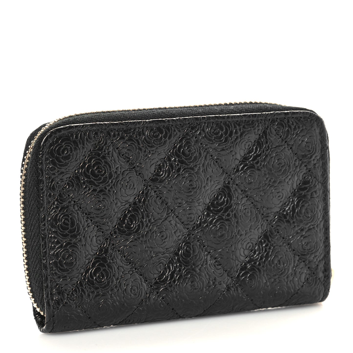 Calfskin Camellia Embossed Quilted Zip Coin Purse Black