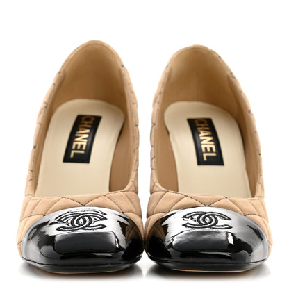 Chanel Suede Kidskin Patent Quilted CC Cap Toe Pumps 39 Beige Black 3 of 11