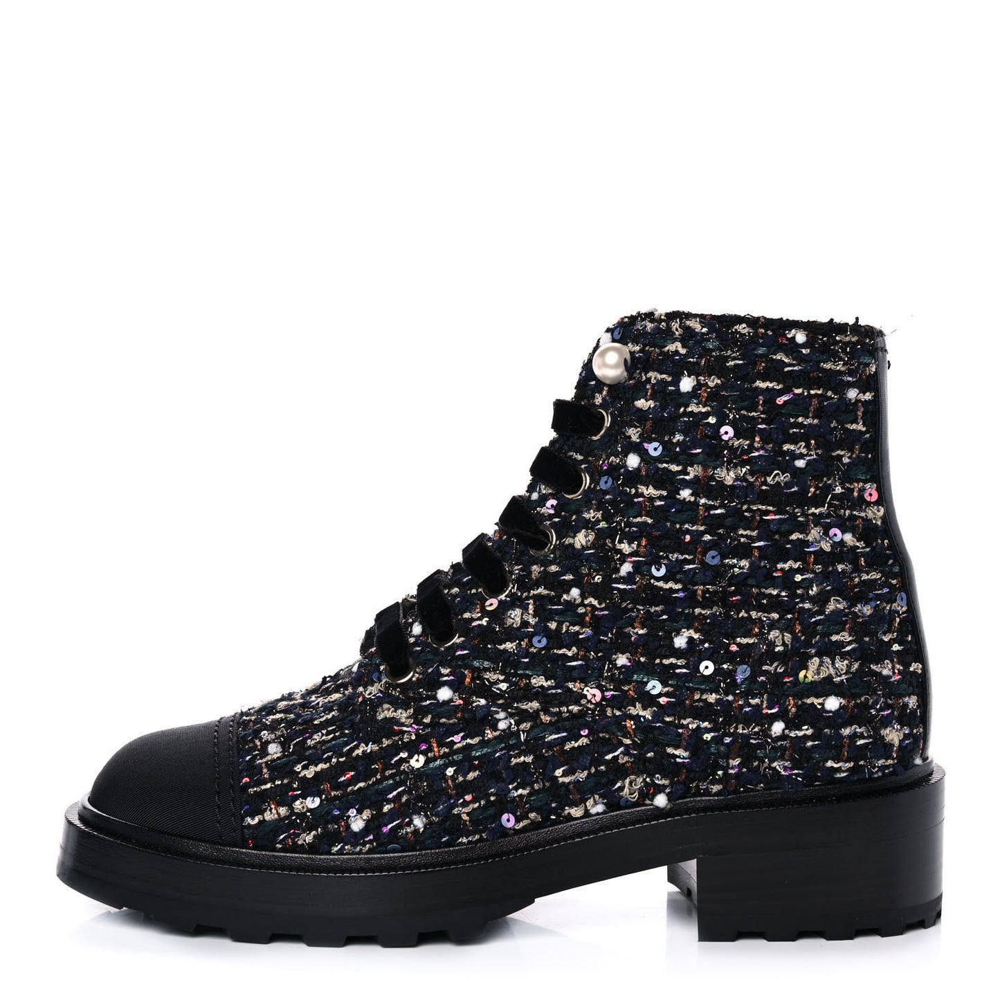 Tweed Grosgrain Pearl Combat Short Boots 37 Black Multicolor