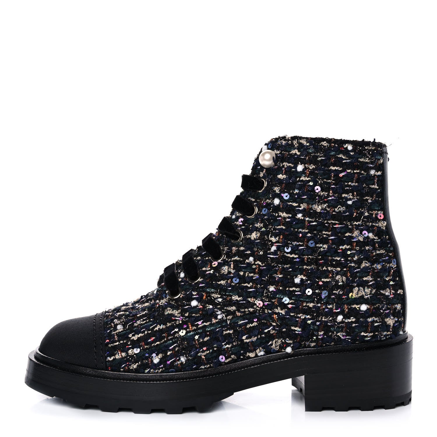 Chanel Tweed Grosgrain Pearl Combat Short Boots 37 Black Multicolor 1 of 9