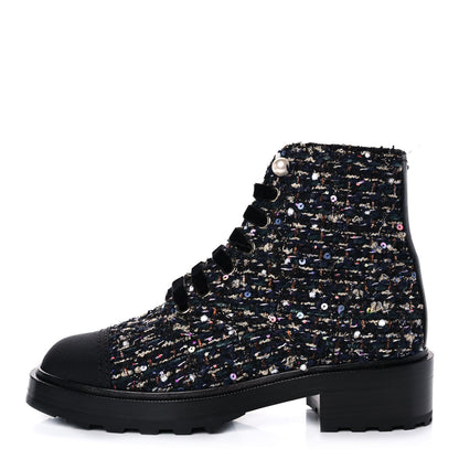 Chanel Tweed Grosgrain Pearl Combat Short Boots 37 Black Multicolor 1 of 9