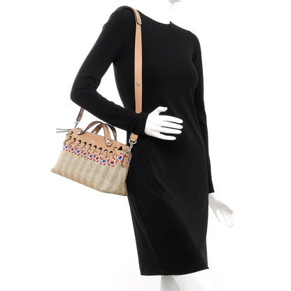 Fendi Paglia Vitello Dolce Flowerland Lace Up Striped Medium By The Way Boston Bag Natural Cuoio Multicolor 2 of 9