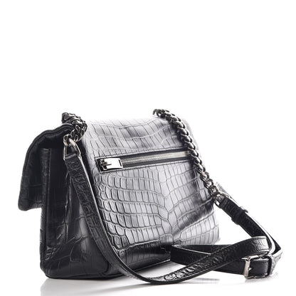 Saint Laurent Calfskin Crocodile Embossed Small West Hollywood Monogram Fold-Over Bag Black 3 of 10