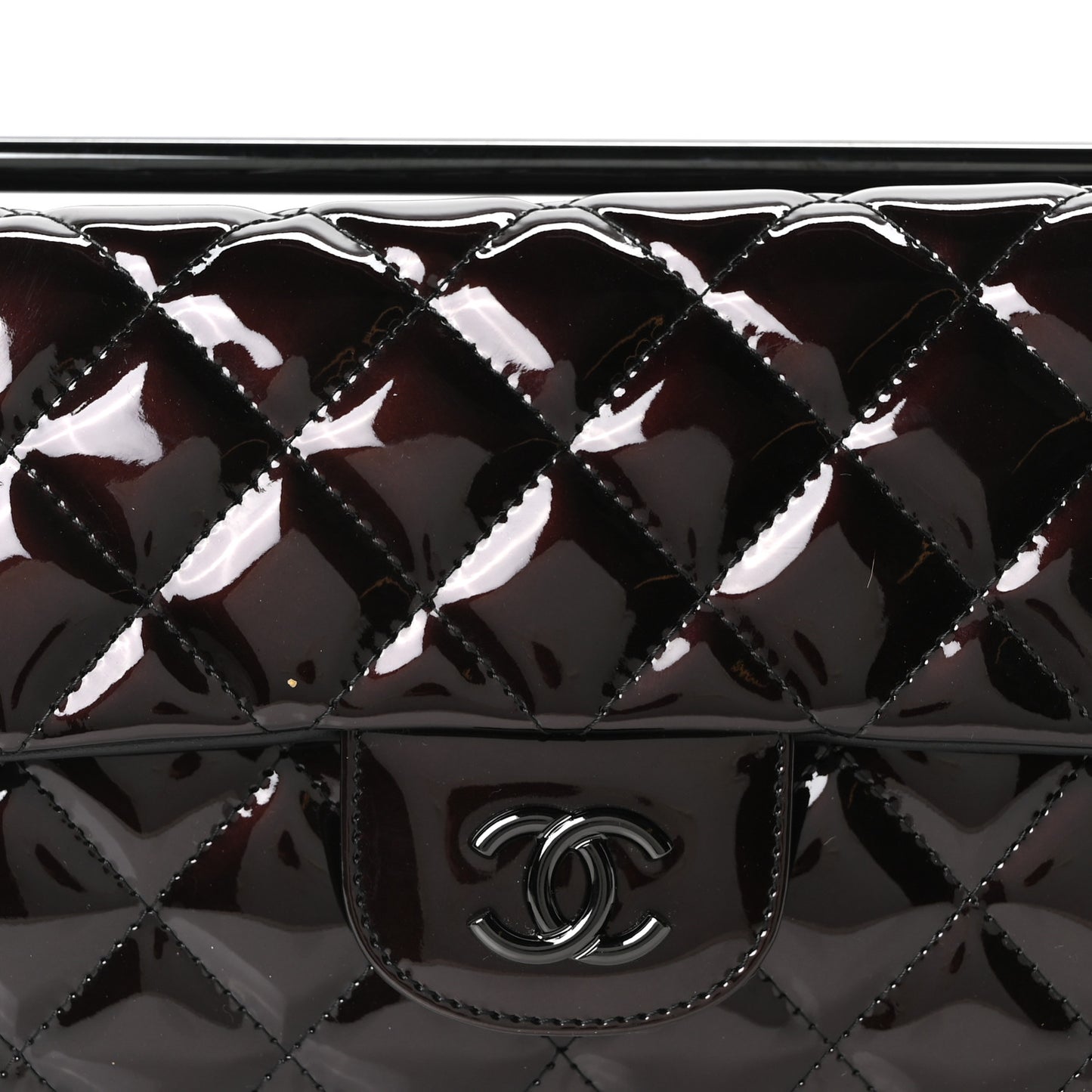 Patent Calfskin Quilted Metal Handle Clutch So Black
