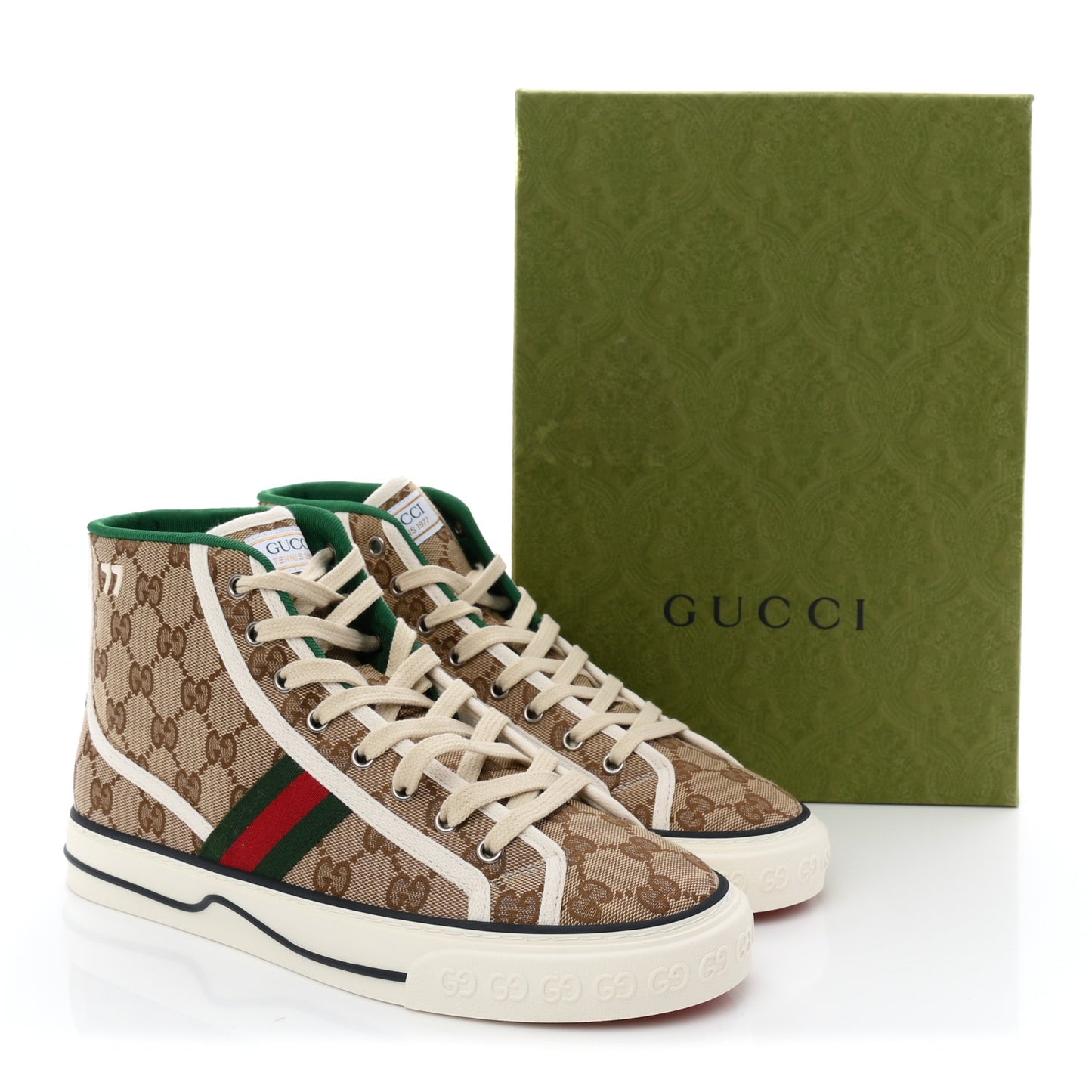 GG Monogram Web Womens 1977 Tennis High Top Sneakers 41 Beige Ebony Mystic White