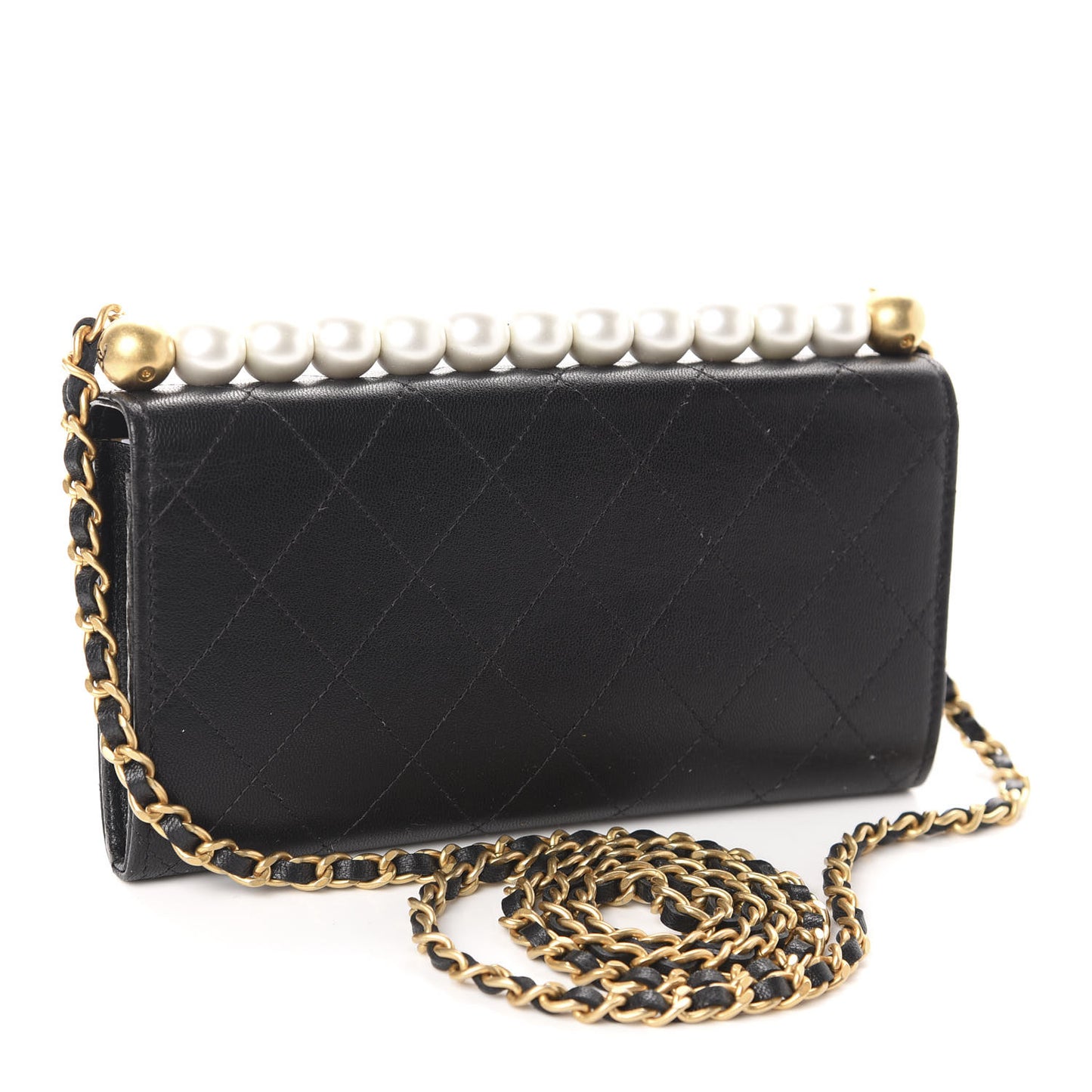 Goatskin Quilted Chic Pearls Clutch With Chain Black