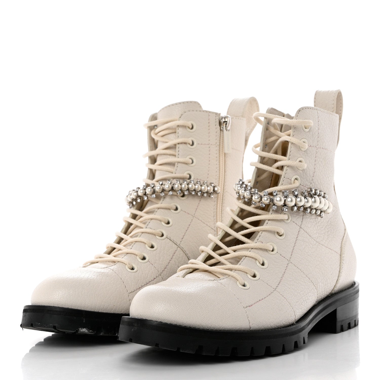 Jimmy Choo Goatskin Pearl Embellished Cruz Combat Boots 37 White 3 of 8