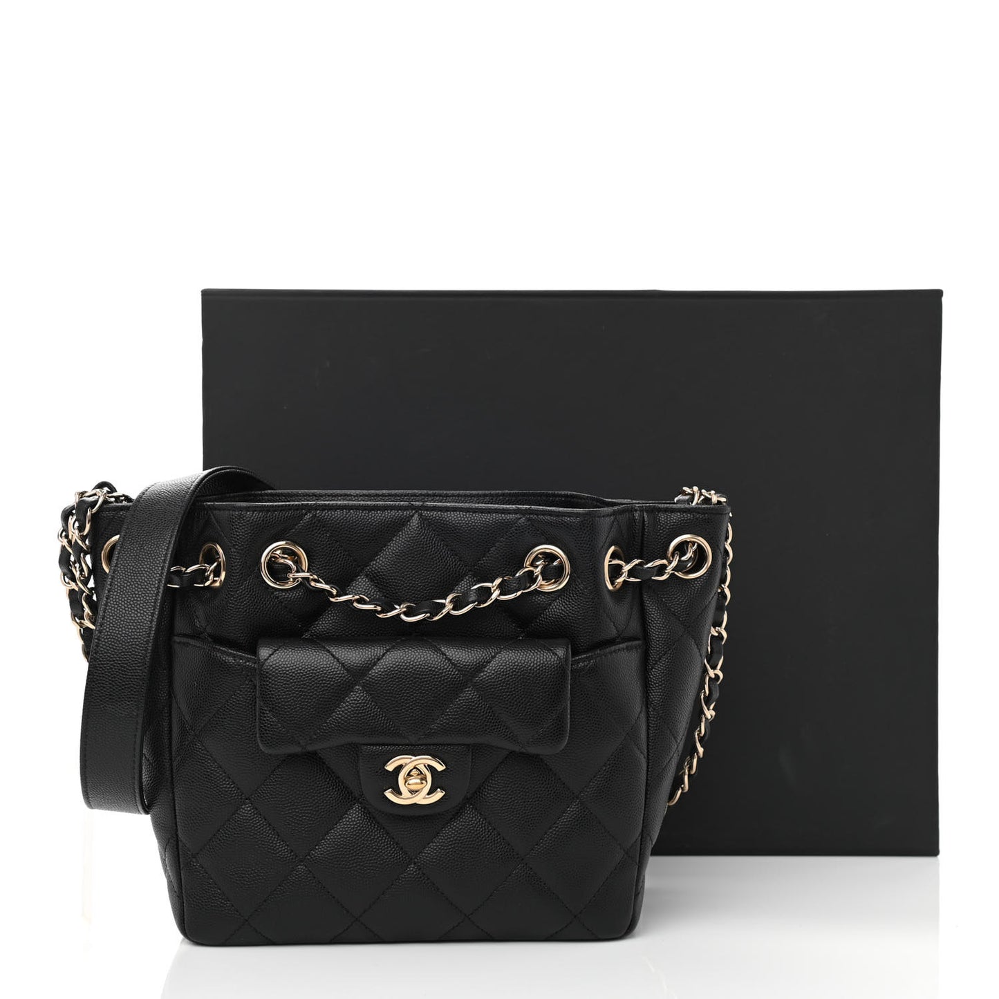 Caviar Quilted Flap Bucket Bag Black