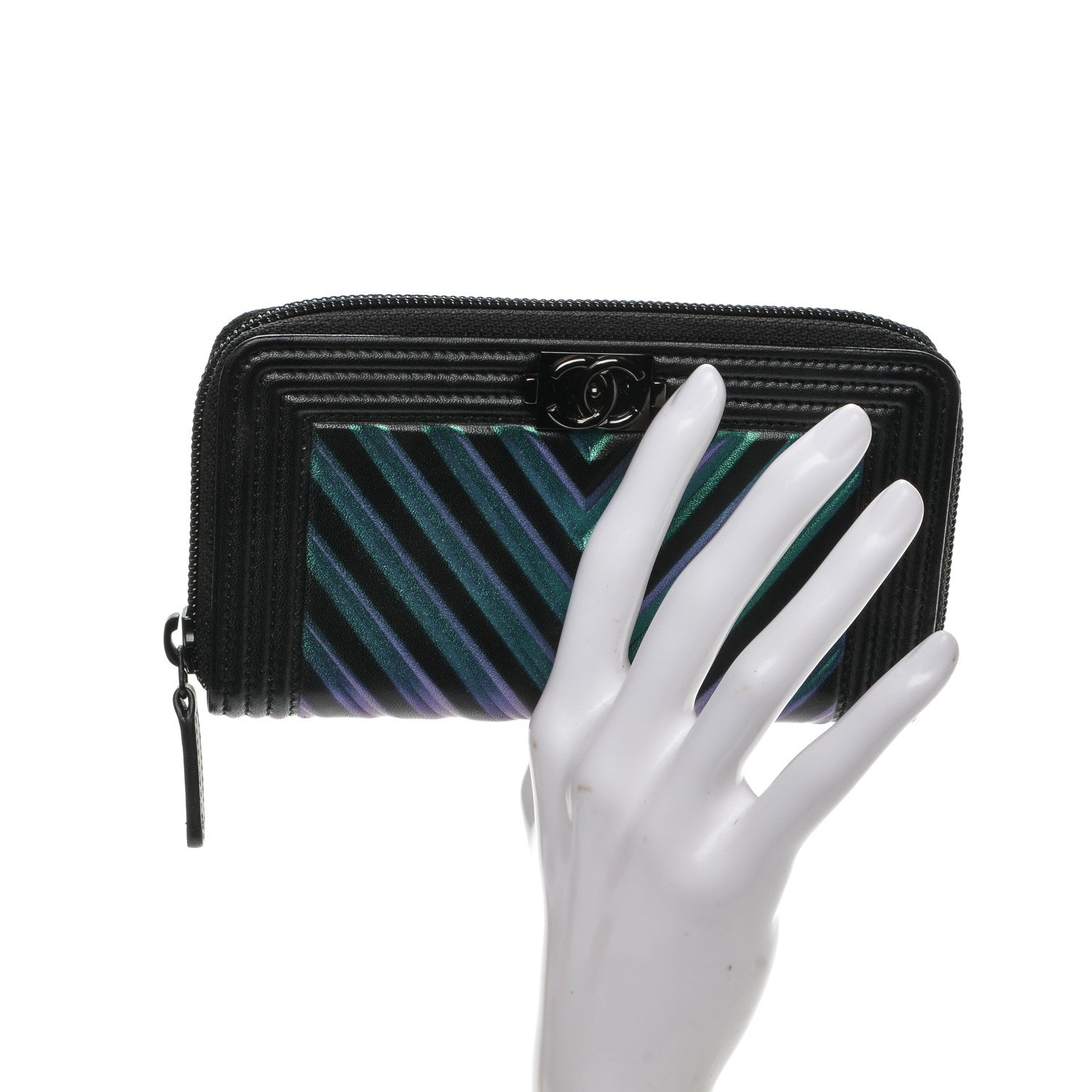 Chanel Calfskin Painted Chevron Embossed Small Boy Zip Wallet Black 2 of 8