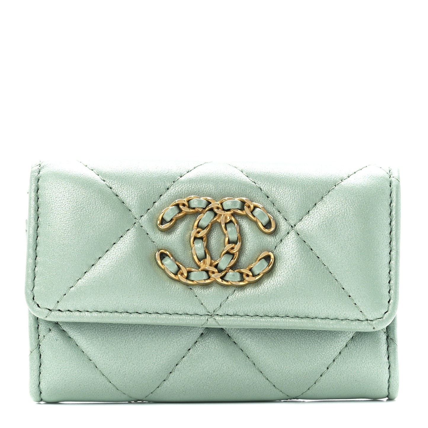 Lambskin Quilted Chanel 19 Flap Card Holder Light Green