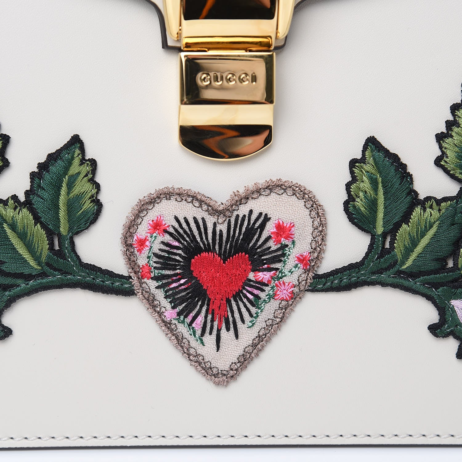 Gucci Calfskin Embroidered Medium Sylvie Top Handle Bag White 9 of 11
