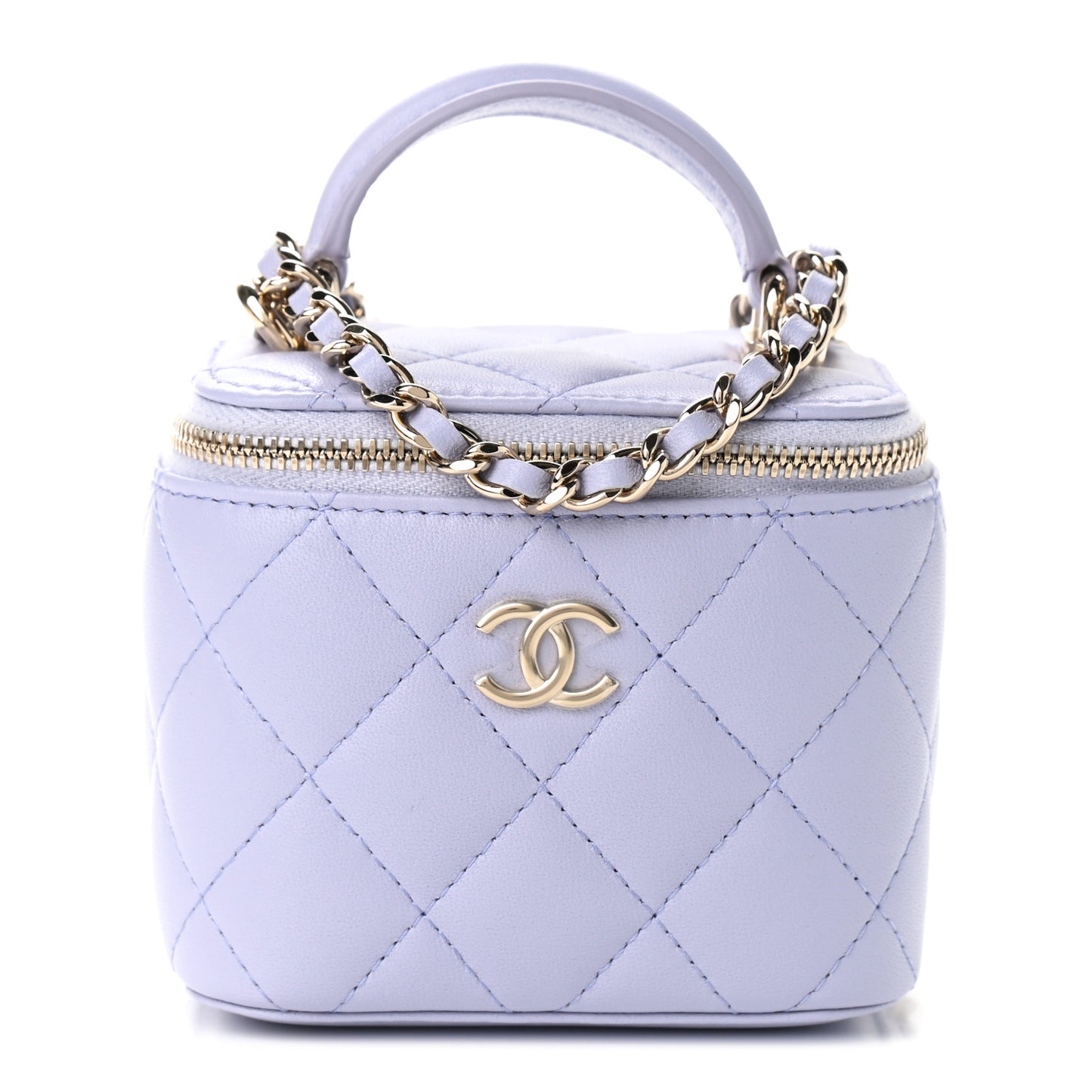 Lambskin Quilted Top Handle Mini Vanity Case With Chain Light Purple